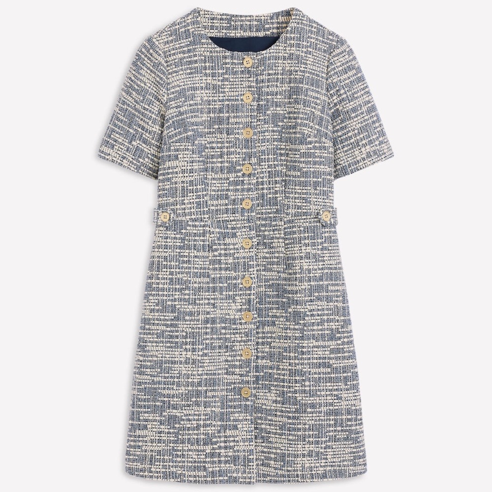 New with Tags Boden Textured Tab Short Tweed Dress in  Blue and White Size 10L